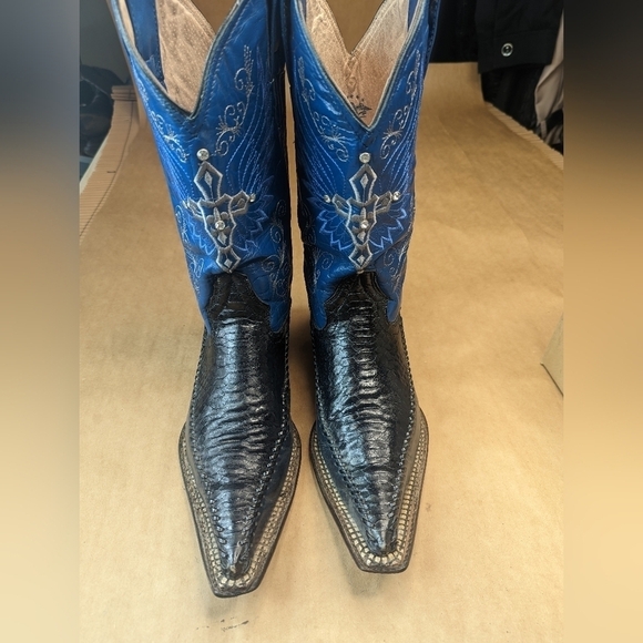 El General Boots women's Sz 7.5B Black Python vamp, blue pigskin shaft with rhin - Picture 2 of 14